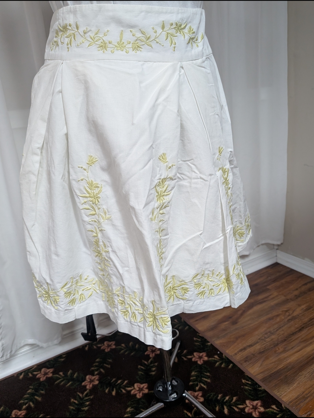 Odille White A-Line Skirt with Pale Green Embroidered Floral Trim